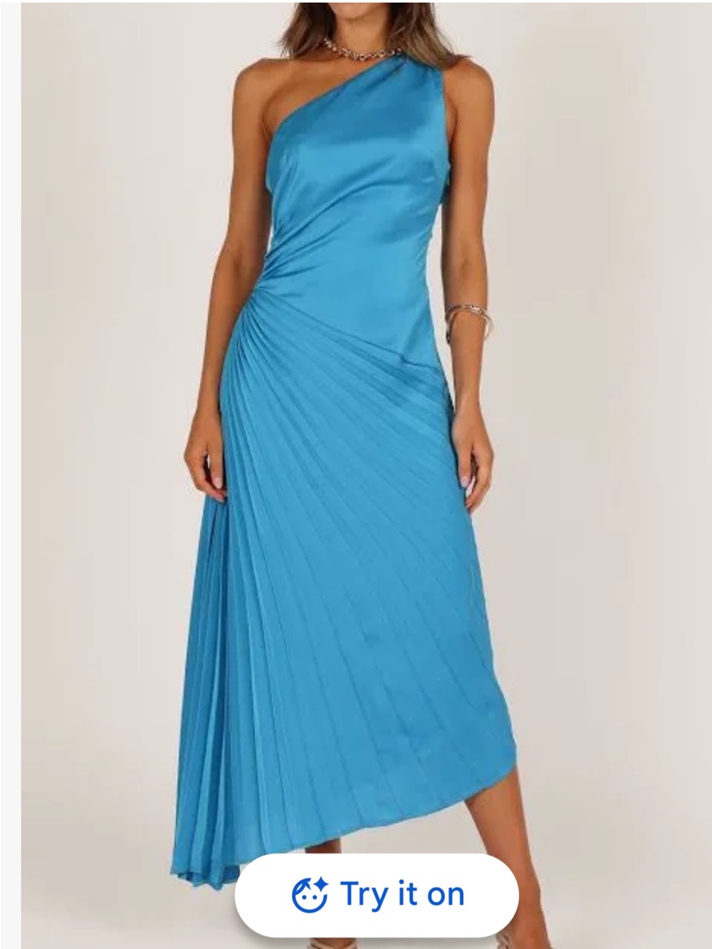 One-Shoulder Pleated Midi Dress in Bright Blue